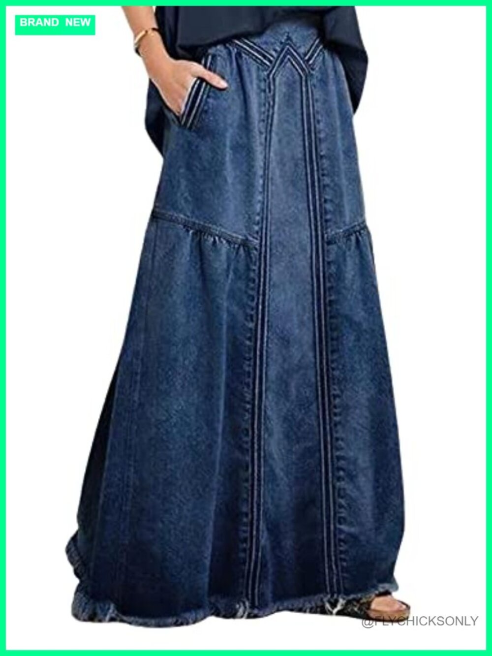 High Waist Frayed A-Line Maxi Denim Skirt with Pockets